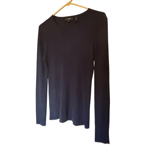 Theory Mizri Women's Black Ribbed Long Sleeve Sweater Size L 100% Merino Wool - Picture 2 of 10